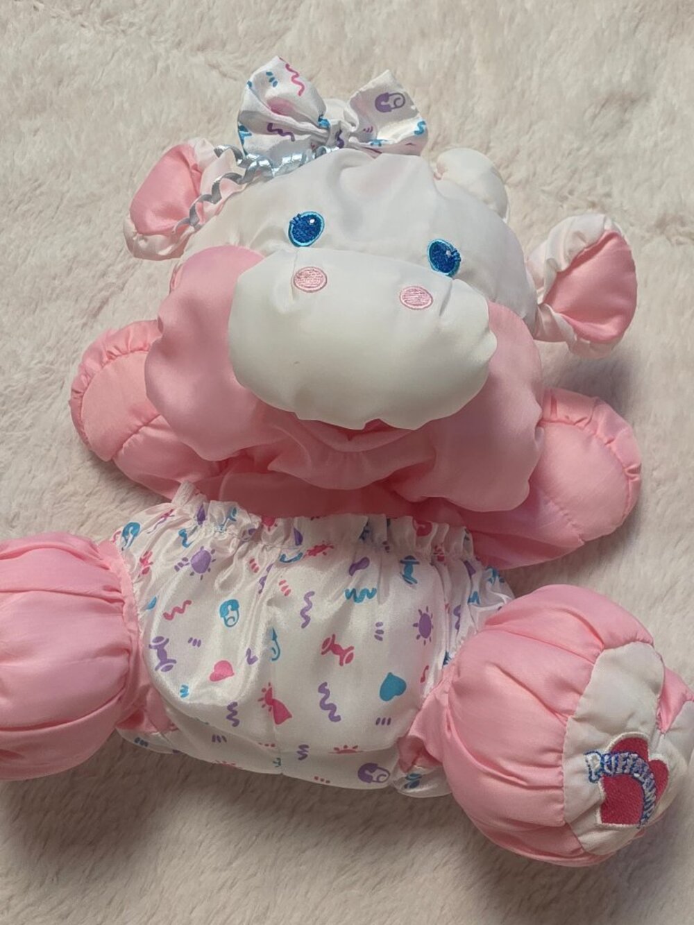 Vintage Fisher Price 1999 Pink Care For Me Cow Bow Puffalumps Plush 10" Stuffed